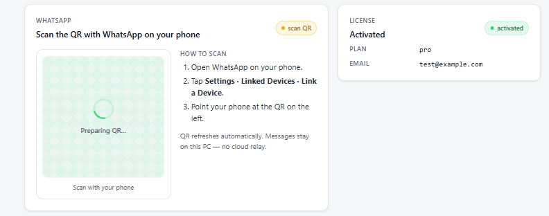 TallyWhatsApp dashboard showing the QR panel stuck on Preparing QR with a spinner