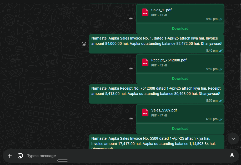 TallyPrime overlay confirming Queued. WhatsApp delivery runs in the background. Press any key to continue.