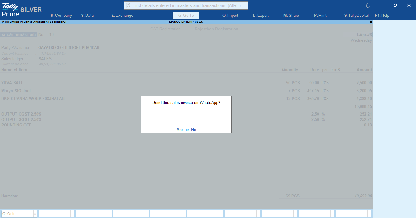 TallyWhatsApp v1.0.9 dashboard showing the WhatsApp pairing QR code, license activated state and three sent messages