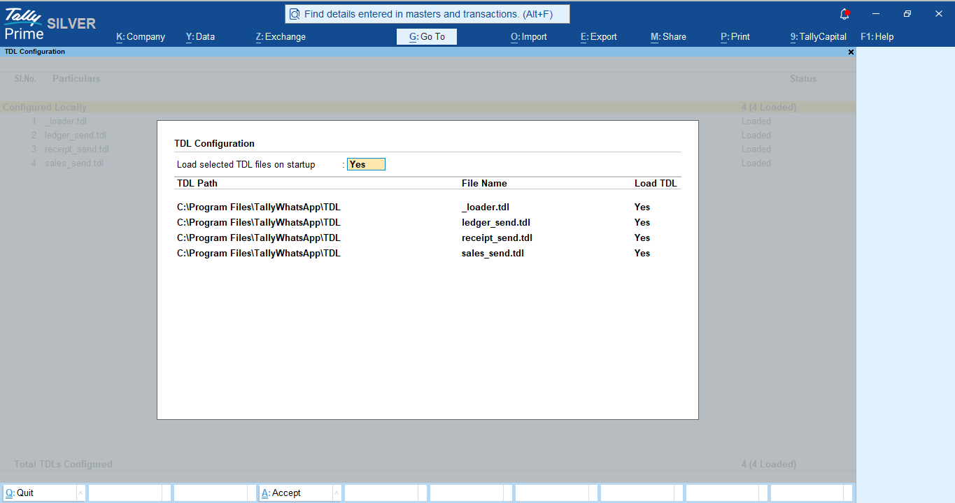 TallyPrime TDL Configuration screen showing _loader.tdl, sales_send.tdl, receipt_send.tdl and ledger_send.tdl all loaded