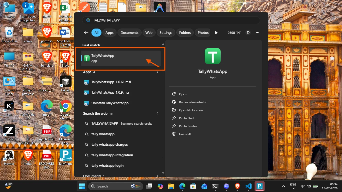 Windows Search searching for the TallyWhatsApp application.